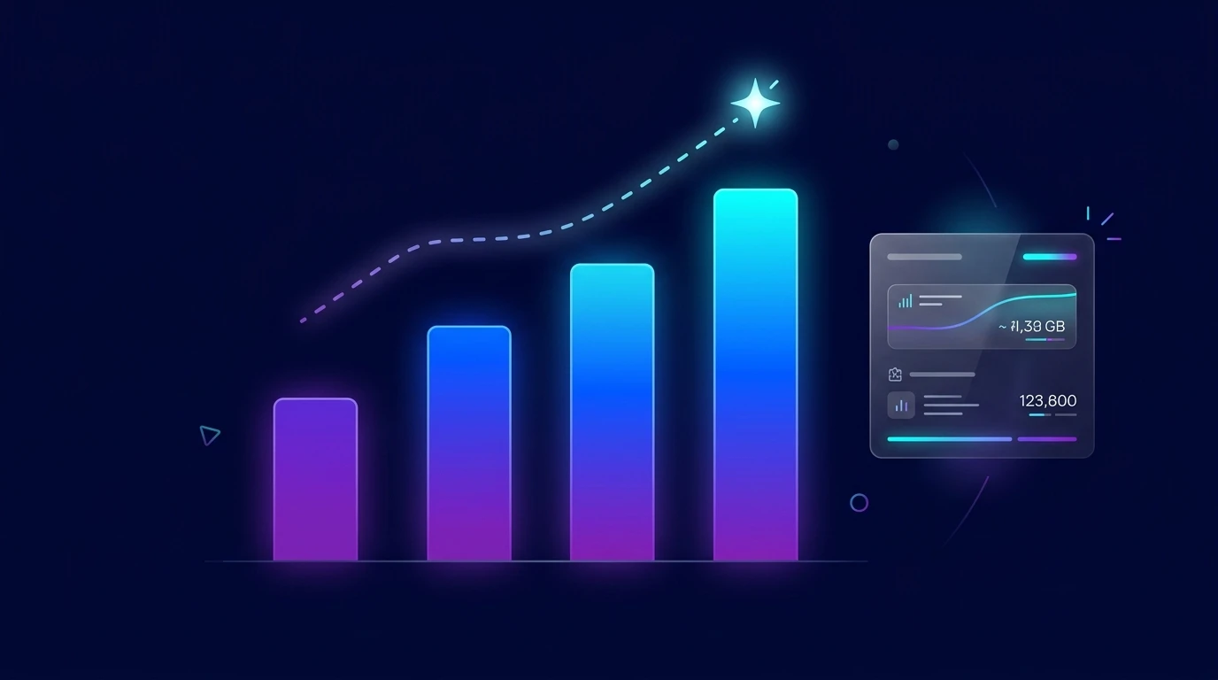 AI automation pricing tiers chart with glowing cost growth bars and analytics metric card