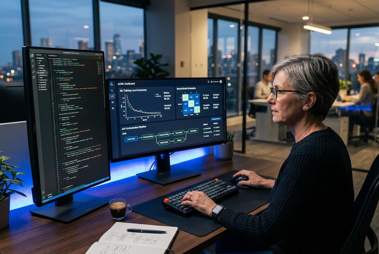 Senior engineer analyzing traditional rule-based code versus adaptive AI machine learning pipelines