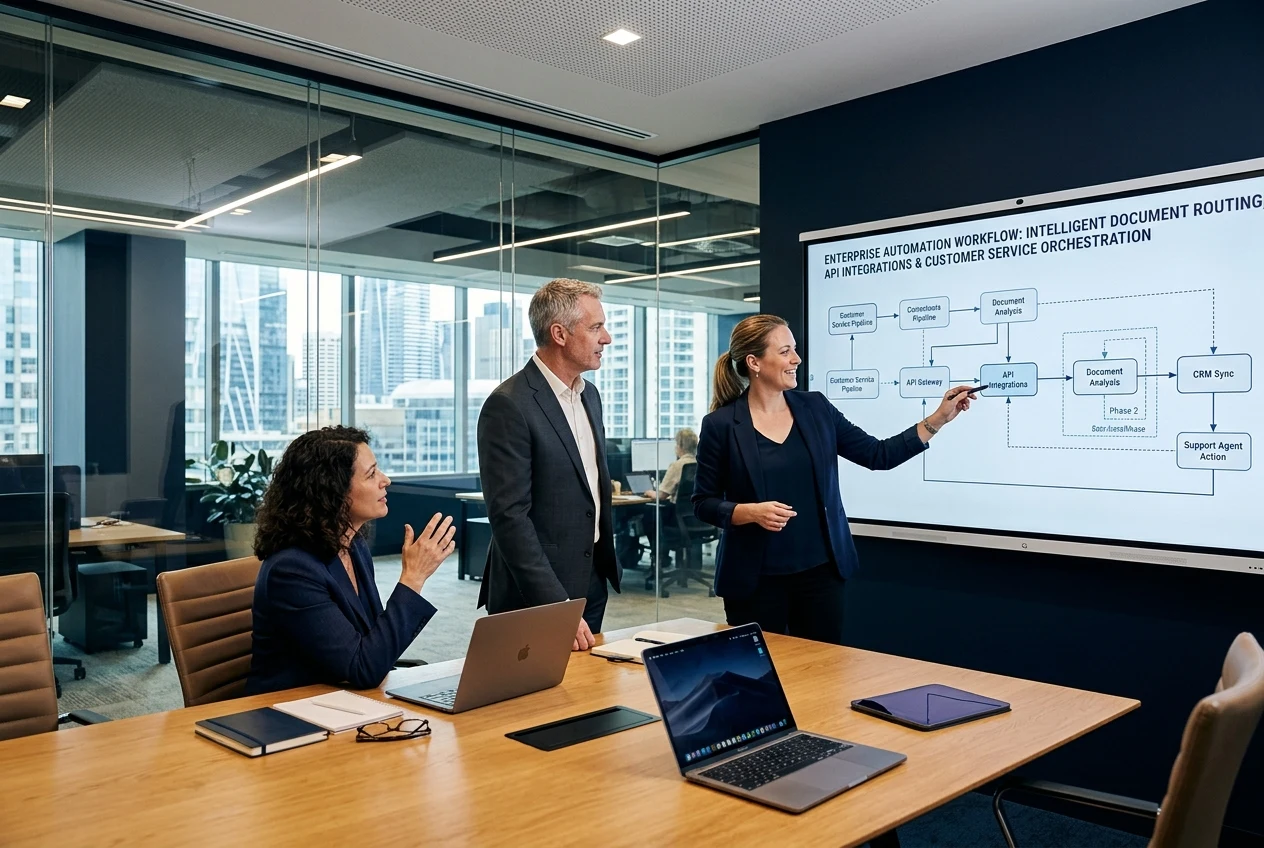 Business leaders reviewing enterprise AI automation workflows in modern conference room
